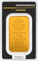100 gramów  złota sztabka ARGOR - HERAEUS (CertiPack)
