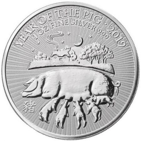 Srebrna moneta 2 funty  Rok Świni / Lunar Pig  (Wielka Brytania) 1 Oz.  2019