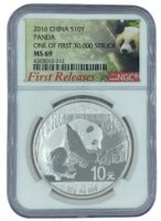 Srebrna moneta  Chińska Panda - 30 gramów    2016  r.  NGC MS 69