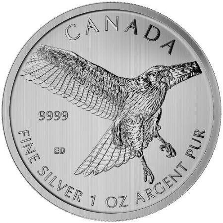 Srebrna moneta  Jastrząb , Kanada   1 oz   2015 r (patyna, spot milk))