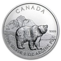 Srebrna moneta Kanadyjski Niedżwiedż Grizzly 1 oz   2011 (patyna , milk spot)