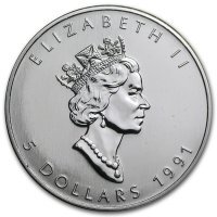 Srebrna moneta  Liść Klonu   (Maple Leaf)      1 oz   1991 r (patyna)