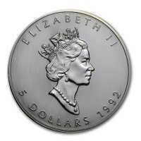 Srebrna moneta  Liść Klonu   (Maple Leaf)      1 oz   1992 (rysy)