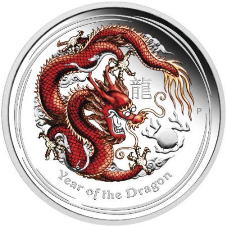 Srebrna moneta Rok Smoka  / Lunar Dragon   1 Oz  2012 (kolor)