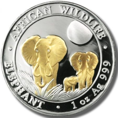 Srebrna moneta   Słoń  Somalijski  1 oz 2014 (złocona)