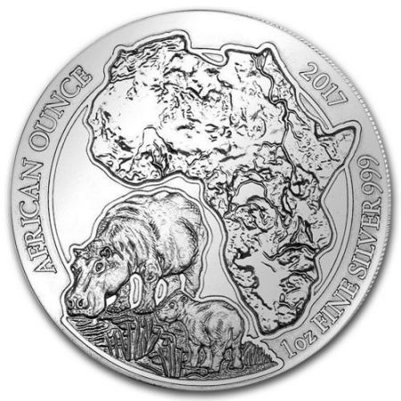 Srebrna moneta Zwierzęta Afryki / Hipopotam , Rwanda  1 oz    2017  r.